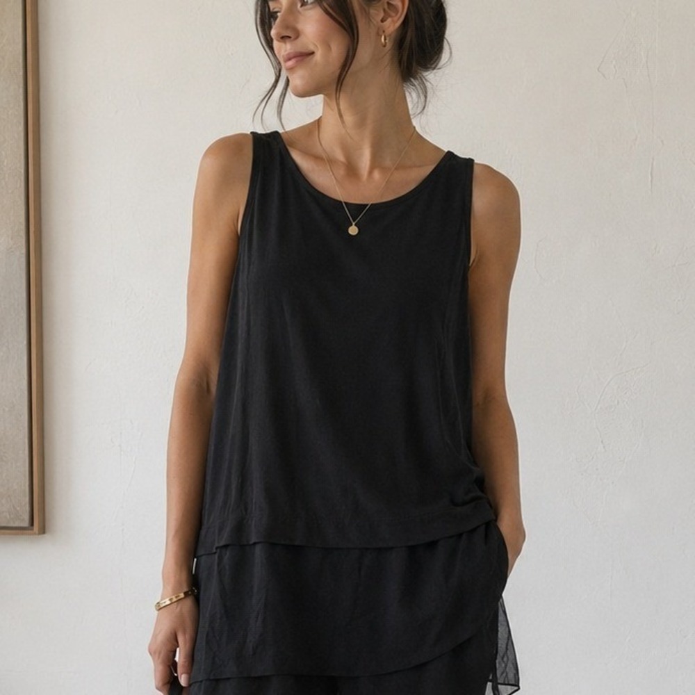 Eileen Fisher Large Silk Tank Top Layered Sheer Hem Black Sleeveless Scoop Neck